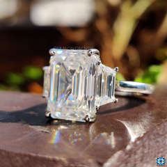 2.06CT D VVS2 Emerald Cut Center Diamond Three Stone Engagement Ring with 0.5CT Trapezoid Side Stones – 14K White Gold
