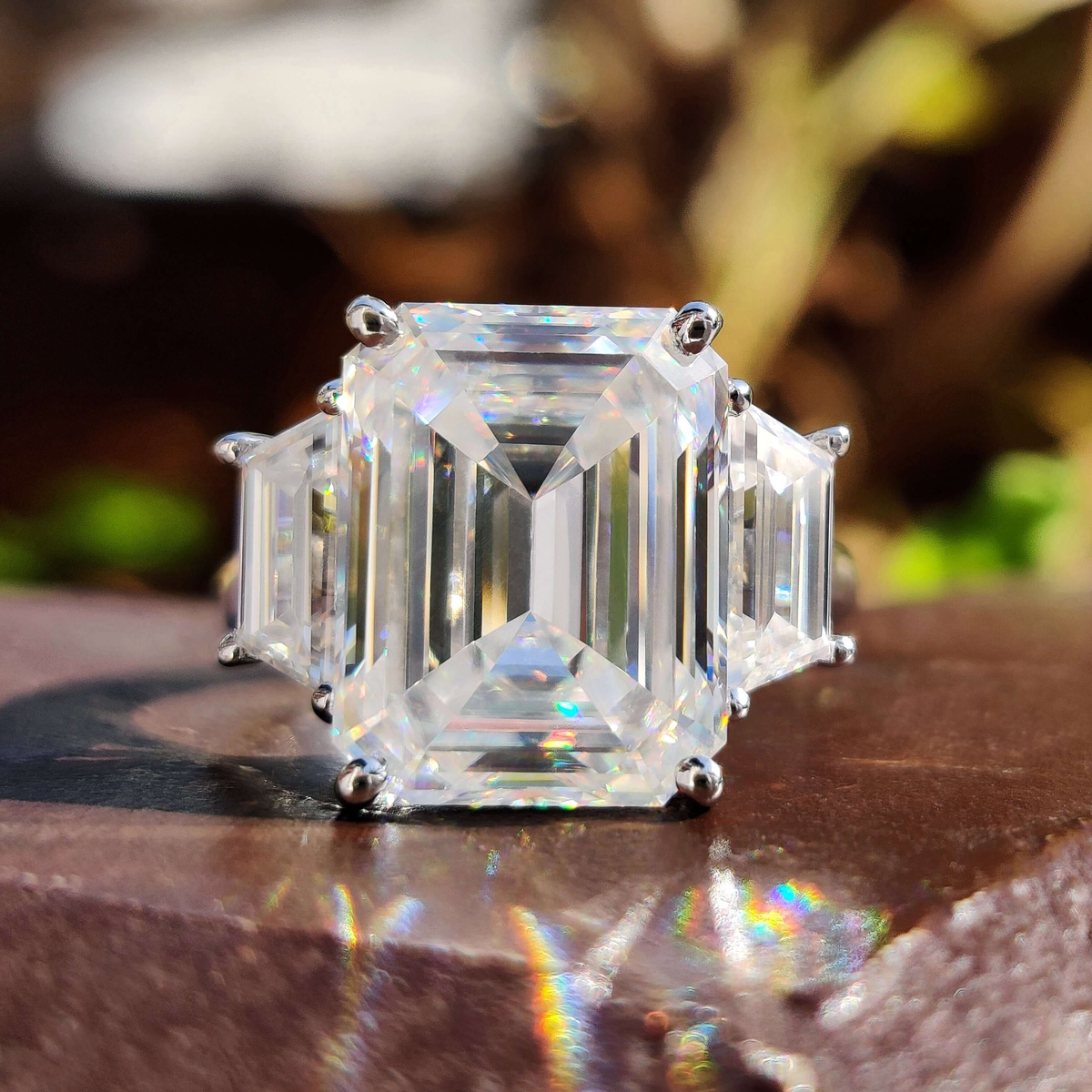 2.06CT D VVS2 Emerald Cut Center Diamond Three Stone Engagement Ring with 0.5CT Trapezoid Side Stones – 14K White Gold